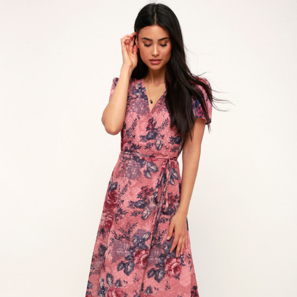 Lorna Mauve Pink Floral Print Midi Wrap Dr…
